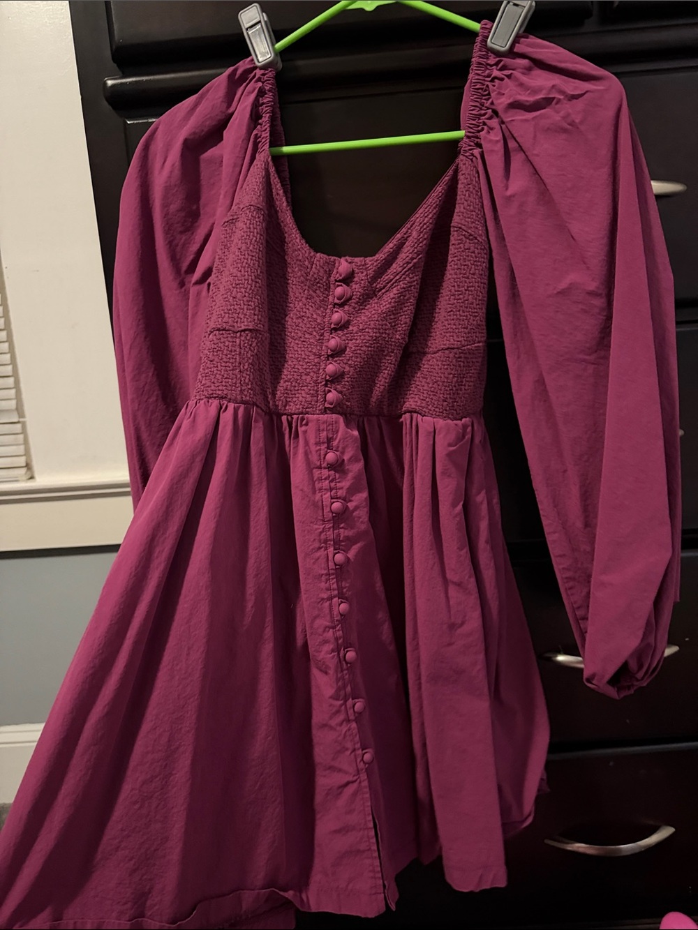 vestique Magenta Puff-Sleeve Smocked Mini Dress with Covered Buttons